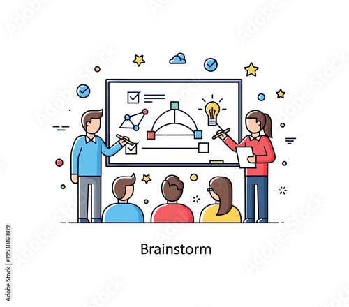 University group study concept centered on a whiteboard with simple diagrams as students contribute ideas. Small checkmark accents and a short ?Brainstorm?
