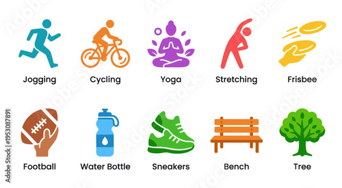 Collection of flat design icons representing various sports and outdoor activities, including running, cycling, yoga, and frisbee, set against a white background.