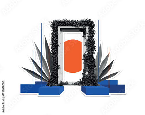 Black and white overgrown doorway framed by abstract geometric plant shapes, bold orange circle partially hidden behind the structure, cobalt blue blocks