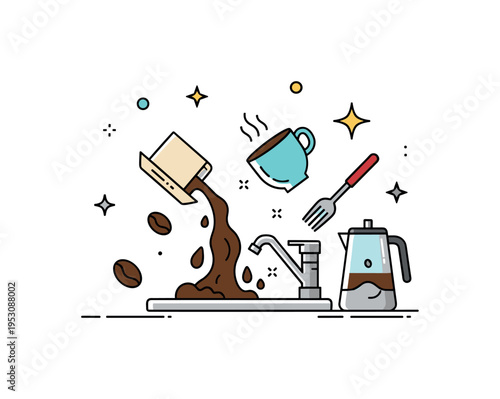 Coffee spilling into a sink with cups and utensils nearby, illustrating messy accident, movement, and everyday kitchen scenarios. Minimalist flat vector