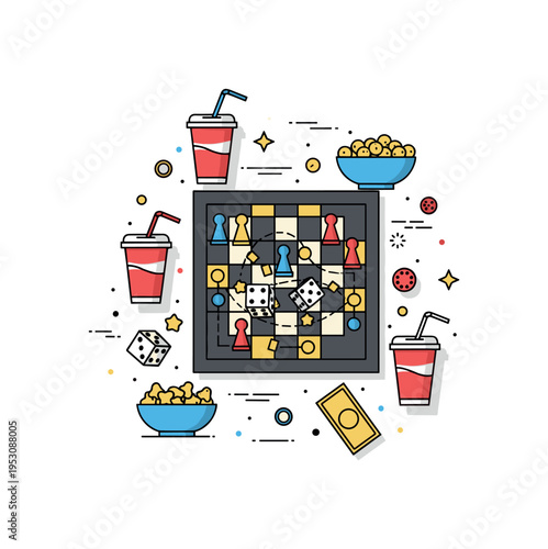 Board game marathon evening centered on a classic board with dice and playing tokens as the main focus, surrounded by small snack bowls and soda cups to convey