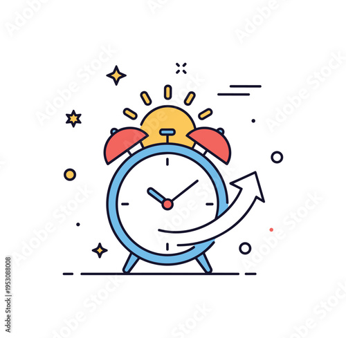 Personal discipline alarm clock paired with a rising sun and subtle upward arrow accent. A concise editorial illustration about commitment to routine and self