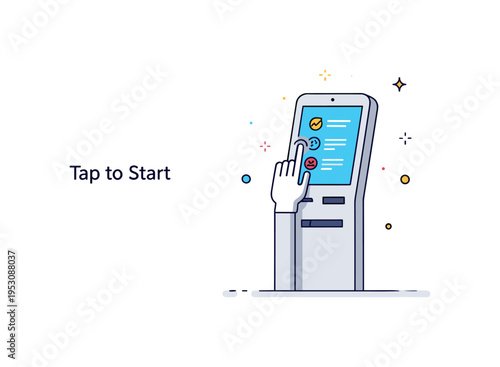 Touchscreen kiosk interface concept illustrated through a sleek standing terminal with a bright interactive display and simple menu icons. A subtle ?Tap to