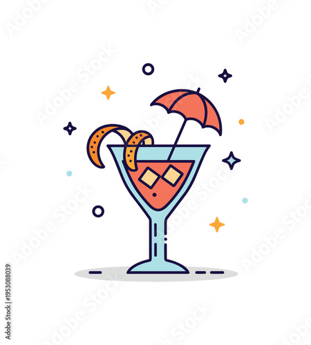 Cocktail garnish artistry simple drink glass topped with a stylized orange peel twist and tiny umbrella icon. A playful visual metaphor for creativity and