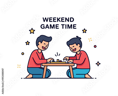 Weekend game time parent and child playing a simple board game at a small table, symbolizing engagement and joyful interaction. A lively concept badge about