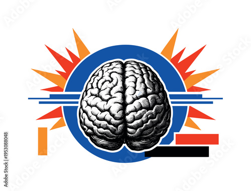 Black and white retro-style realistic human brain centered, thin white cut-out outline, layered over a bold cobalt blue circle intersected by sharp horizontal
