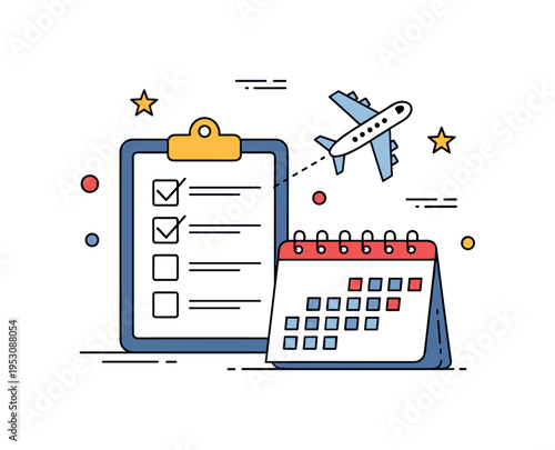 Vacation itinerary organization showing a checklist clipboard beside a small airplane icon and calendar page, symbolizing structured scheduling and smooth