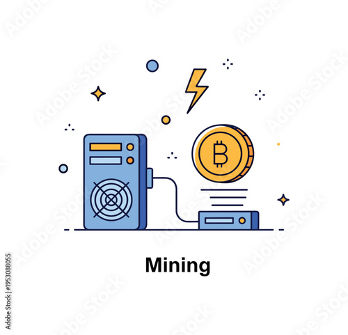 Crypto mining process illustrated by a simplified computer unit connected to a floating digital coin. Minimal lightning bolt accent and a ?Mining? caption