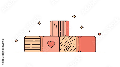 Wooden toy blocks nostalgia concept featuring soft toned cubes with subtle grain texture lines and a small heart accent, symbolizing classic play and timeless