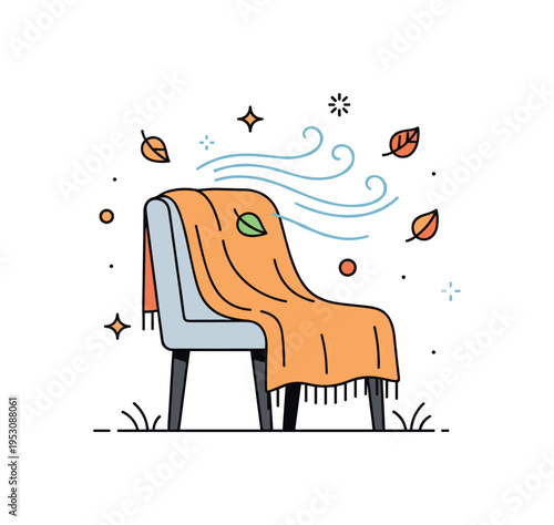 Autumn breeze outdoors illustrated through a lightweight blanket draped over a chair, slightly lifted by flowing air lines and small falling leaf icons. The