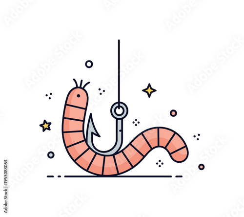 Fishing bait worm curled beside a simple hook icon, expressing outdoor recreation and classic angling tradition in a clean symbolic format. The small badge