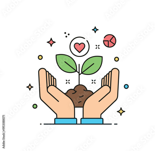 Spiritual growth concept illustrated by a small plant sprouting from cupped hands, symbolizing nurturing the soul and personal transformation. The balanced