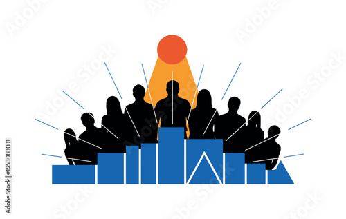 Black and white group of employee silhouettes arranged in a semicircle, vibrant orange circle centered above them like shared spotlight, cobalt blue geometric