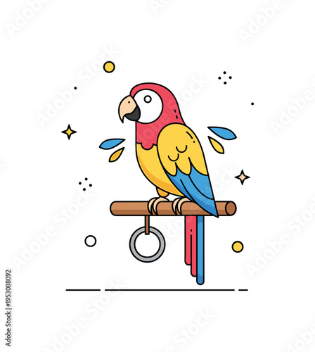 Tropical parrot resting on a wooden perch with a small hanging ring and subtle feather detail accents, expressing intelligence and playful personality. A