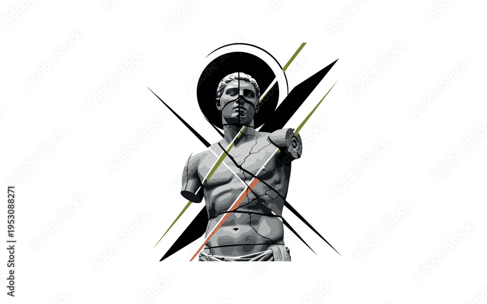 Obraz premium A realistic monochrome fragmented stone statue with a missing arm, bold circular halo behind symbolizing timelessness, sharp diagonal lines organizing the