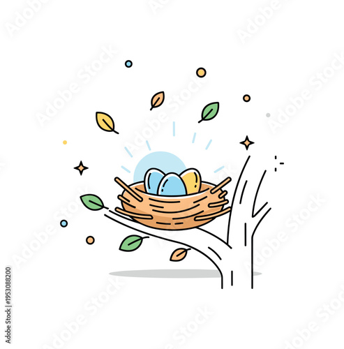 Nest in a tree with gently falling leaves around and soft sunlight highlighting eggs inside, emphasizing tranquility, growth, and natural harmony. Minimalist