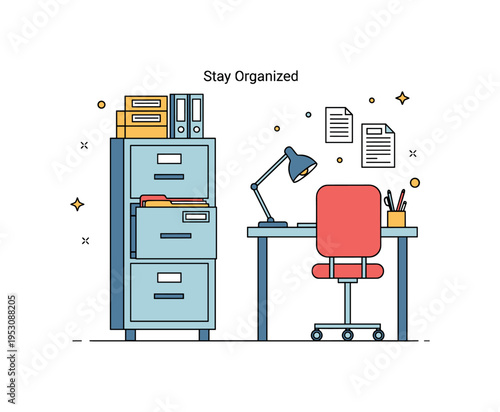 Organizing a home office with a filing cabinet placed neatly beside a compact desk and chair, drawers slightly open with labeled folders visible. A small ?Stay