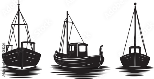 Black silhouette of three boats on water silhouettes