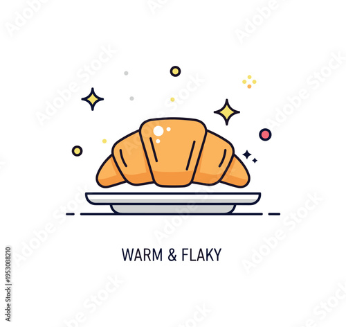 Bakery morning treat concept centered on a single golden croissant placed on a small plate with a tiny sparkle accent. A short ?Warm & Flaky? text detail