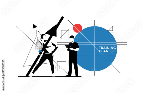 Black and white athlete stretching while trainer observes with clipboard, large flat blue circle intersected by thin horizontal lines like training plan, small