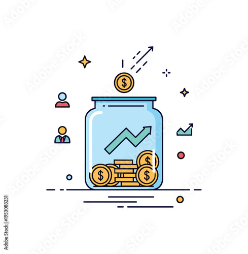 Transparent fundraising progress concept centered on a donation jar with visible coins and a subtle upward arrow accent, expressing growth and collective