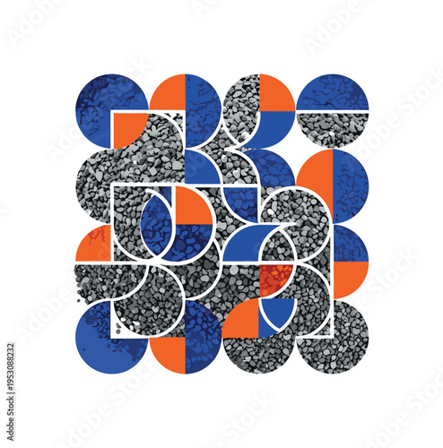 A monochrome mound of gravel viewed from above, transformed into a pattern of circular and semicircular shapes blending realism and abstraction, flat color