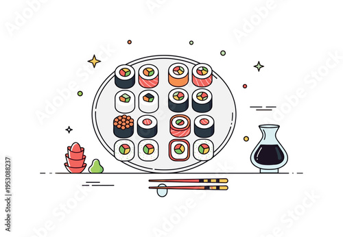 Assorted sushi platter icon showing mixed rolls arranged symmetrically on a plate. A simple ginger slice and soy dish add context and create a complete dining