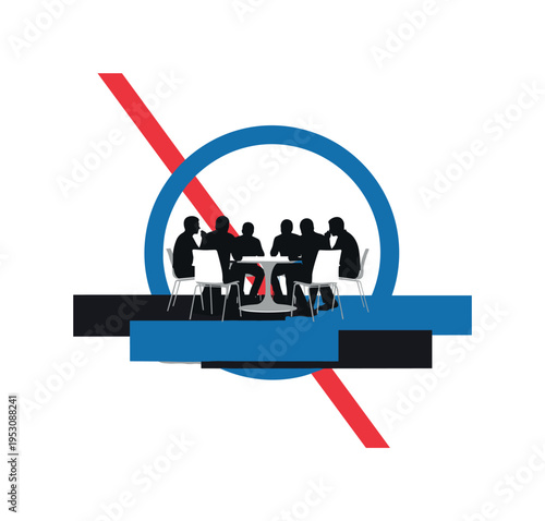Black and white group of seated silhouettes around minimal round table, oversized blue circular frame partially enclosing the group, thin red diagonal stripe