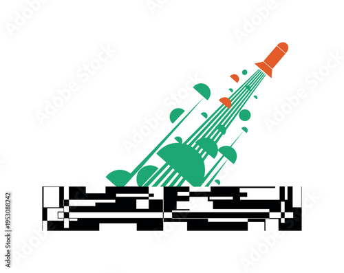 Black and white launch pad platform built from abstract rectangular blocks, capsule breaking free upward, diagonal lines and semicircles suggesting momentum,