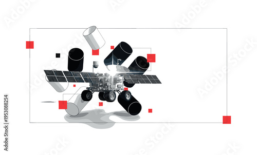 Black and white moon rover with visible solar panels, combined with floating geometric cylinders and small red square accents, concentrated flash of light