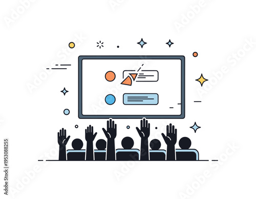 Audience voting during a live film screening shown by raised hands silhouetted in front of a large screen with simple choice buttons. Tiny sparkle accents and