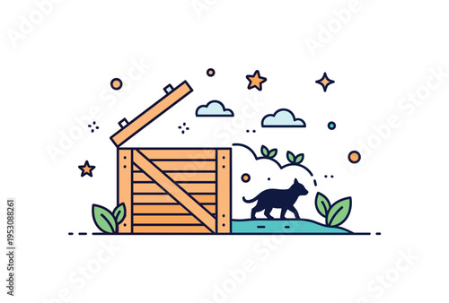 Species reintroduction programs wildlife recovery concept featuring an open crate with a small animal silhouette stepping into a natural landscape with subtle