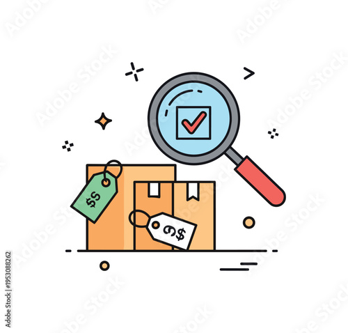 Retail price comparison concept shown by a magnifying glass hovering over two product boxes with visible price tags, emphasizing careful evaluation before