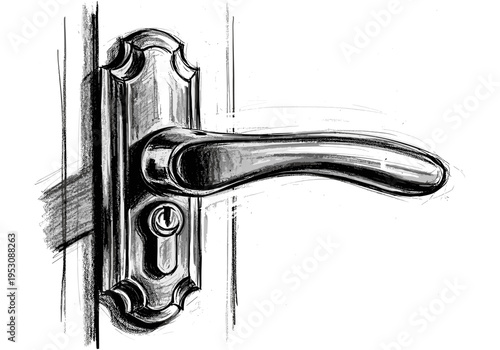 Close-up sketch of a polished metal door handle with a keyhole on a white background