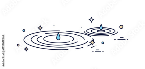 Rain ripples on pond circular ripple lines spreading outward with small sparkle accents between them. A gentle micro scene expressing quiet beauty after