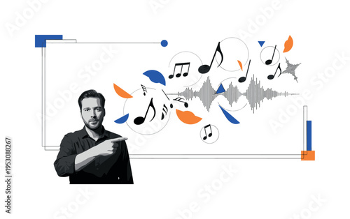 Black and white producer pointing toward abstract floating music notes and waveform shards, sharp angular fragments and semicircles suggesting shaping and