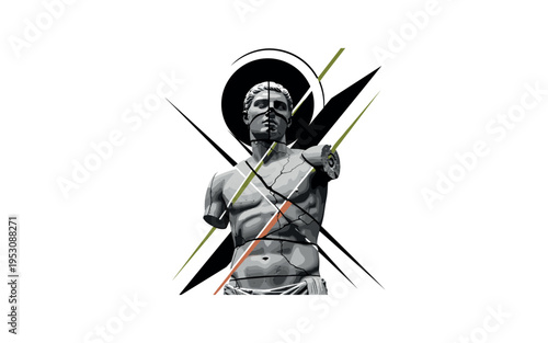 A realistic monochrome fragmented stone statue with a missing arm, bold circular halo behind symbolizing timelessness, sharp diagonal lines organizing the