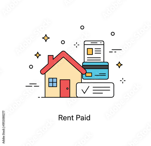 Online rent payment scene centered on a house icon paired with a digital payment confirmation check. Clean bank card detail and ?Rent Paid? caption convey