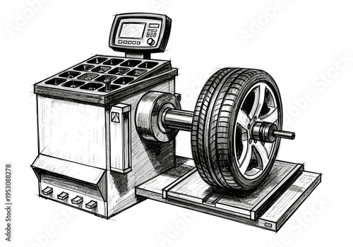 Sketch of a car wheel on a tire balancing machine in a workshop