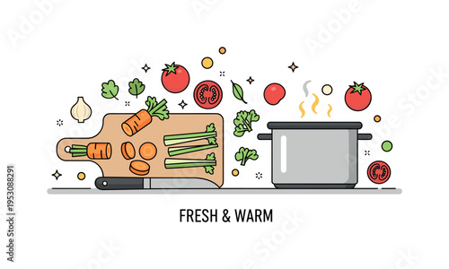 Fresh vegetable soup preparation scene featuring a cutting board with sliced carrots, celery and tomatoes beside a simmering pot. A compact ?Fresh & Warm? text