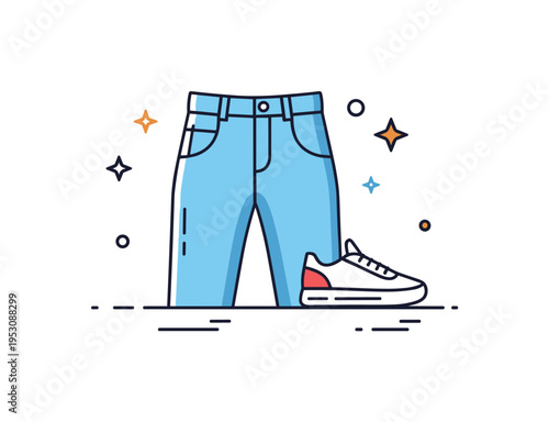 Urban casual denim look concept showing a minimal jeans icon paired with a subtle sneaker silhouette accent, expressing effortless style and comfort. The
