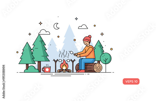 Campfire scene with a person sitting on a log, gently turning marshmallows over glowing flames, surrounded by trees and soft nighttime ambiance, highlighting