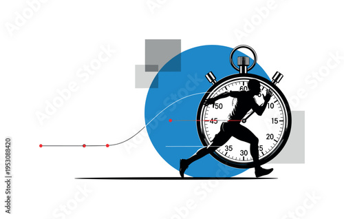 Black and white stopwatch merged with athlete silhouette, large flat blue circle dominating background, thin linear trajectory path extending forward, small