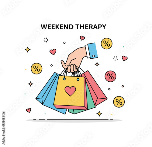 Retail therapy mood illustrated by a confident hand holding multiple colorful shopping bags, surrounded by tiny hearts and discount symbols to express joy and