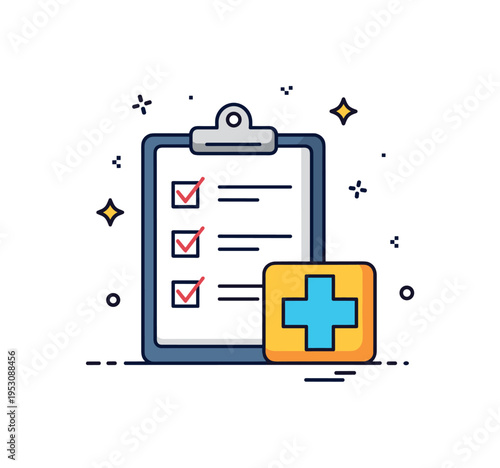 Public health strategy planning scene featuring a clipboard with checklist marks beside a small medical cross icon, expressing structured planning and risk