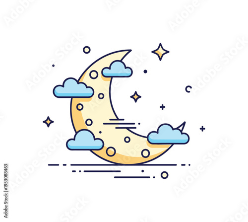 Moon illustrated as a crescent with small floating clouds and tiny stars, highlighting dreamy and magical nighttime ambiance. Minimalist flat vector