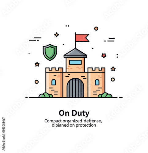 Military garrison concept featuring a fortified gate with a small guard tower and a raised flag symbolizing organized defense and stationed troops. Subtle
