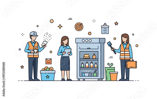 Health inspectors and community leaders monitoring sanitation standards in public spaces, illustrating enforcement of public health policies and community