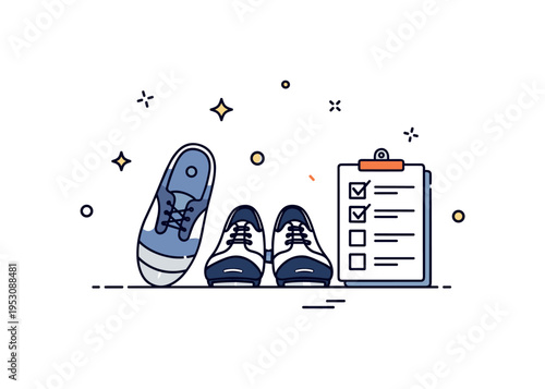 Beginner tap dance lesson concept centered on neatly placed tap shoes with a small checklist icon, symbolizing foundational steps and structured learning. The