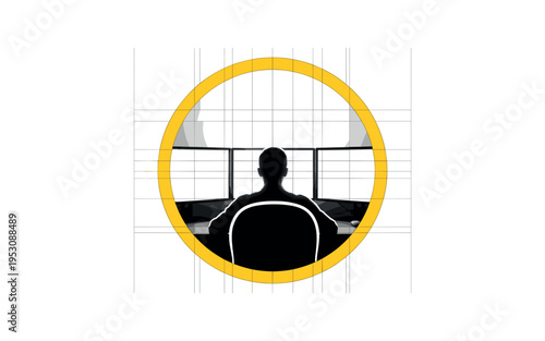 Monochrome rear-view composition of a person facing three glowing screens in a clean home workspace, intersected by a large yellow circular frame and thin